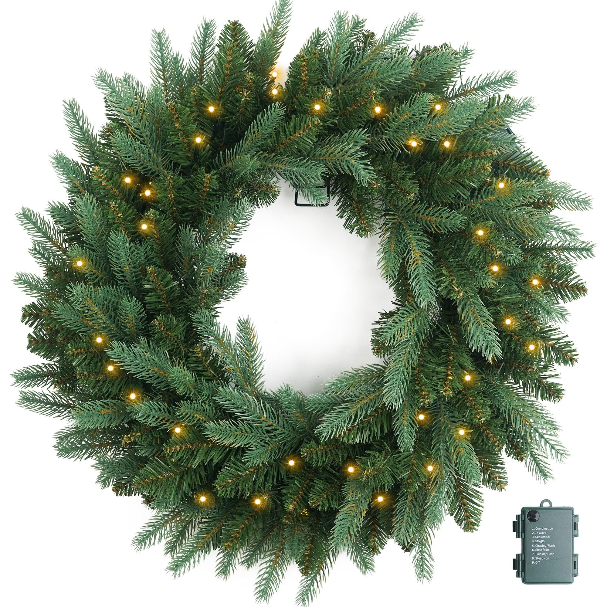 Photo 1 of Christmas Wreath Pre Lighted 24 inch with 50 Led Fraser Fir Foliage Tips, Battery Operated Artificial Christmas Wreaths for Front Door with Lights, Green Christmas Decoration for Door Windows Wall