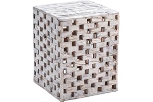 Amazon Aware FSC Certified Indoor/Outdoor Recycled Checkered Square Wood Stool and Plant Stand, Driftwood White, 15"L x 15"W x 19"H