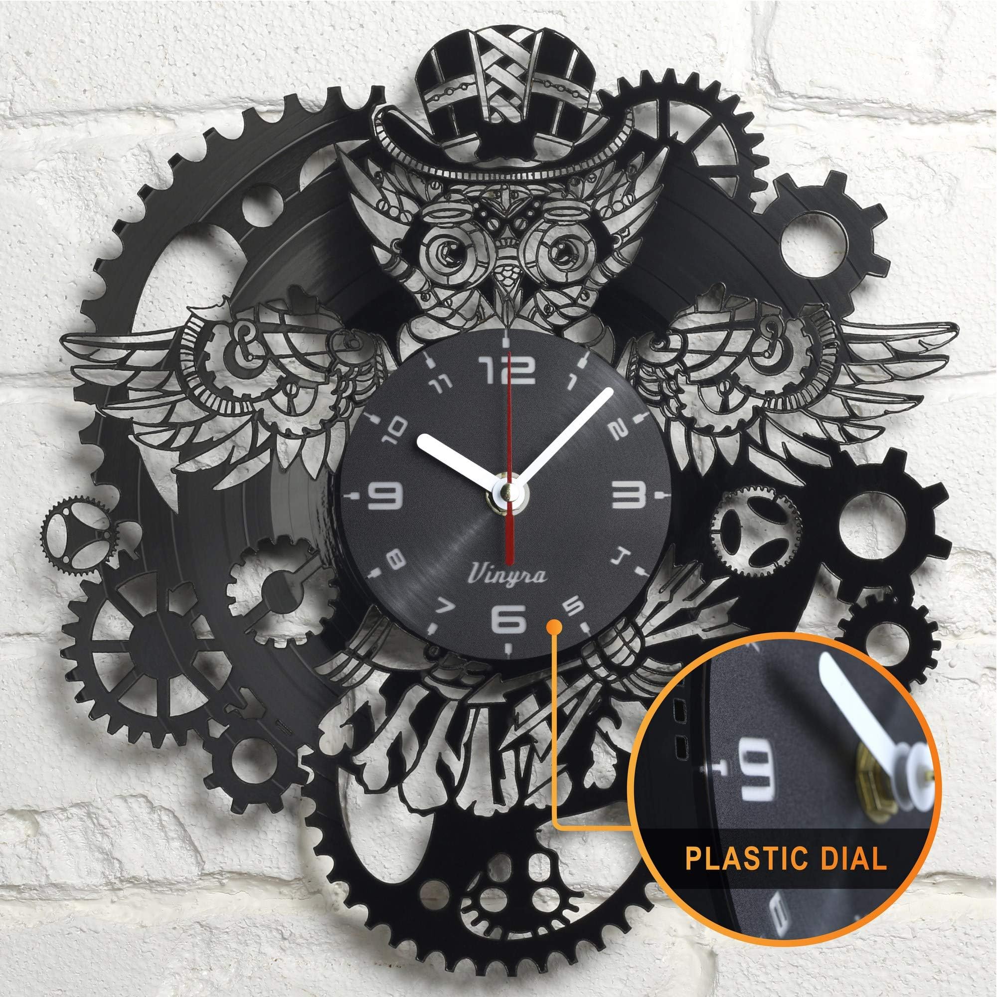 OWL Steampunk Clock Mechanic Gears Vinyl Wall Clock Retro Gothic Vintage Decor Recycled Gift Geometric Wall Art Handmade Decorative Vinyl Clock Mechanical Wall Decal Steampunk Furniture Clock Black