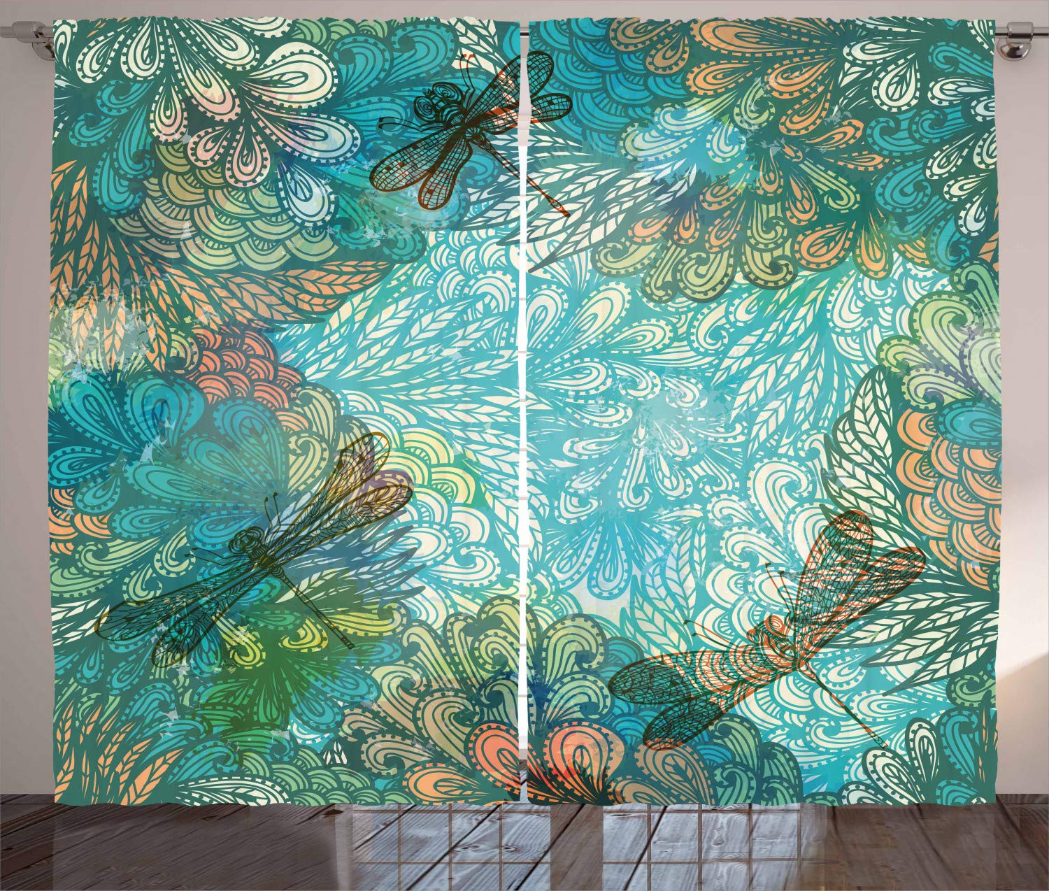 ABAKUHAUS Dragonfly Curtains, Fantasy Flowers Mixed in Various Tones Shabby Form Feminine Beauty Print, Living Room Bedroom Window Drapes 2 Panel Set, 89 L X 110 W, Turquoise Amber