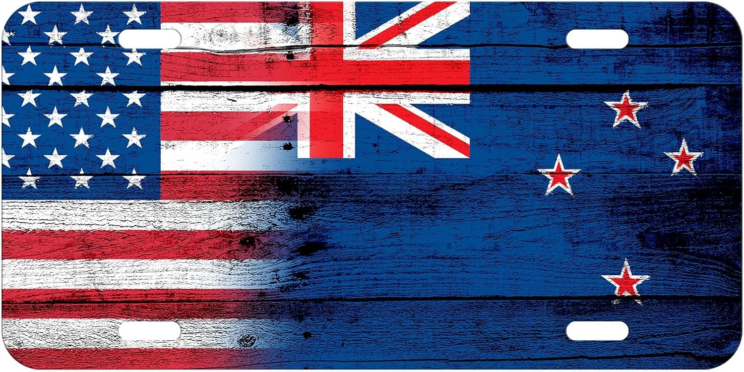 High Grade Aluminum License Plate - Flag of New Zealand (Zealander) - Wood/USA