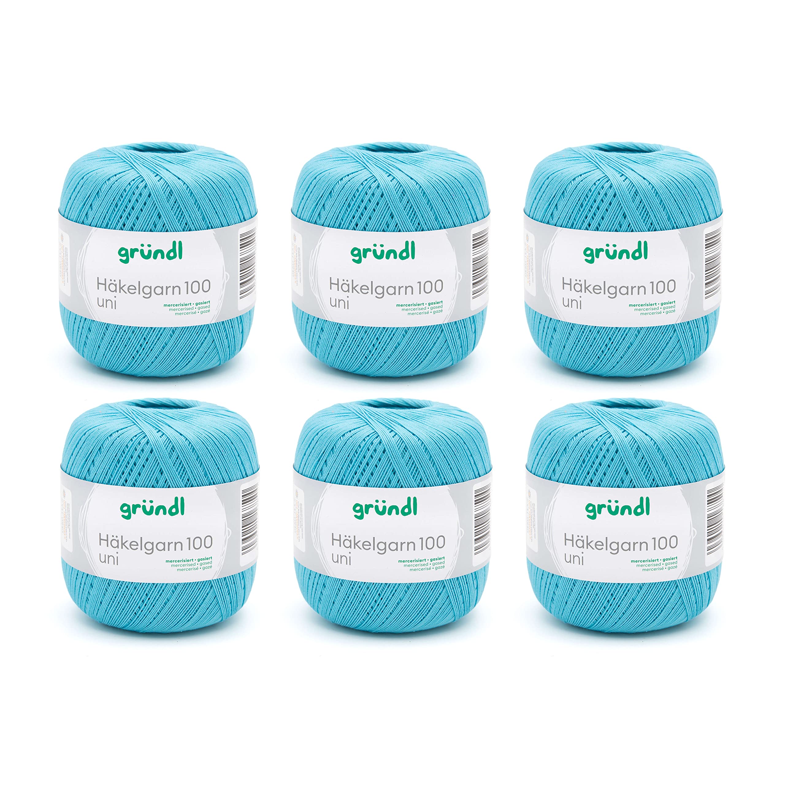 Gründl Wool Crochet Yarn 100 - Thin Summer Wool for Crocheting - Shiny and Washable - Cotton Yarn - 100% Cotton - 6 Balls 100 g / 566 m - Needle Size 1.5-2, Turquoise