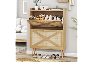 jmhdyg Rattan Shoe Cabinet, Hidden Shoe Storage Cabinet with 2 Flip Drawers, Narrow Wooden Shoe Organizer for Entryway, Slim Freestanding Shoe Rack Cabinet for Front Door Entrance, Natural
