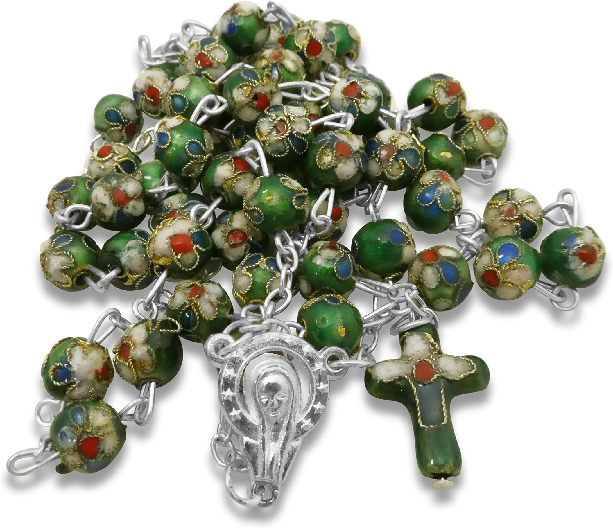 Italian Colored French Cloisonne Notre Dame Rosary - Green and Multicolored Flower Christian / Catholic Gift Prayer Beads in Nondenominational Gift Box - Rosario Verde