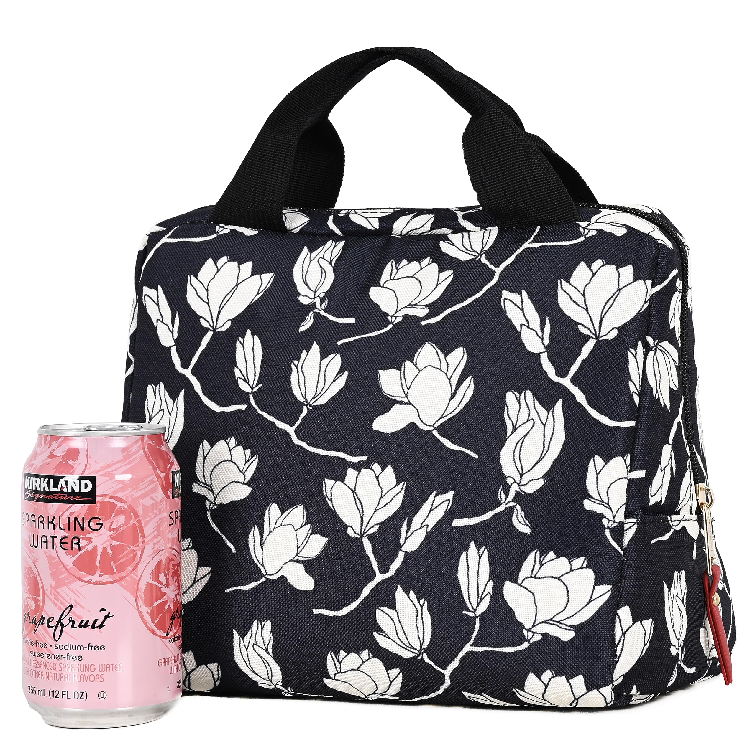 ITAVL Insulated Lunch Bag for Adults/Women/Girls, Portable Soft Cooler Bag,Reusable Lunch Tote Bag for Work/School/Picnic, 8 Cans (Black White Floral)