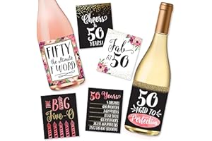 HADLEY DESIGNS 6 50th Birthday Wine Bottle Labels or Stickers Present, 1971 Bday Milestone Gifts For Her Women, Cheers to 50 Years, Funny Fifty Pink Black Gold Party Decorations Supplies For Friend, Wife, Girl, Mom