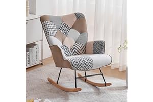 DAICO Rocking Chair Upholstered Indoor Accent Chair with High Backrest Wooden Base Glider Rocker Armchair for Nursery Grey Plaid Boho Style Patchwork for Bedroom, Living Room