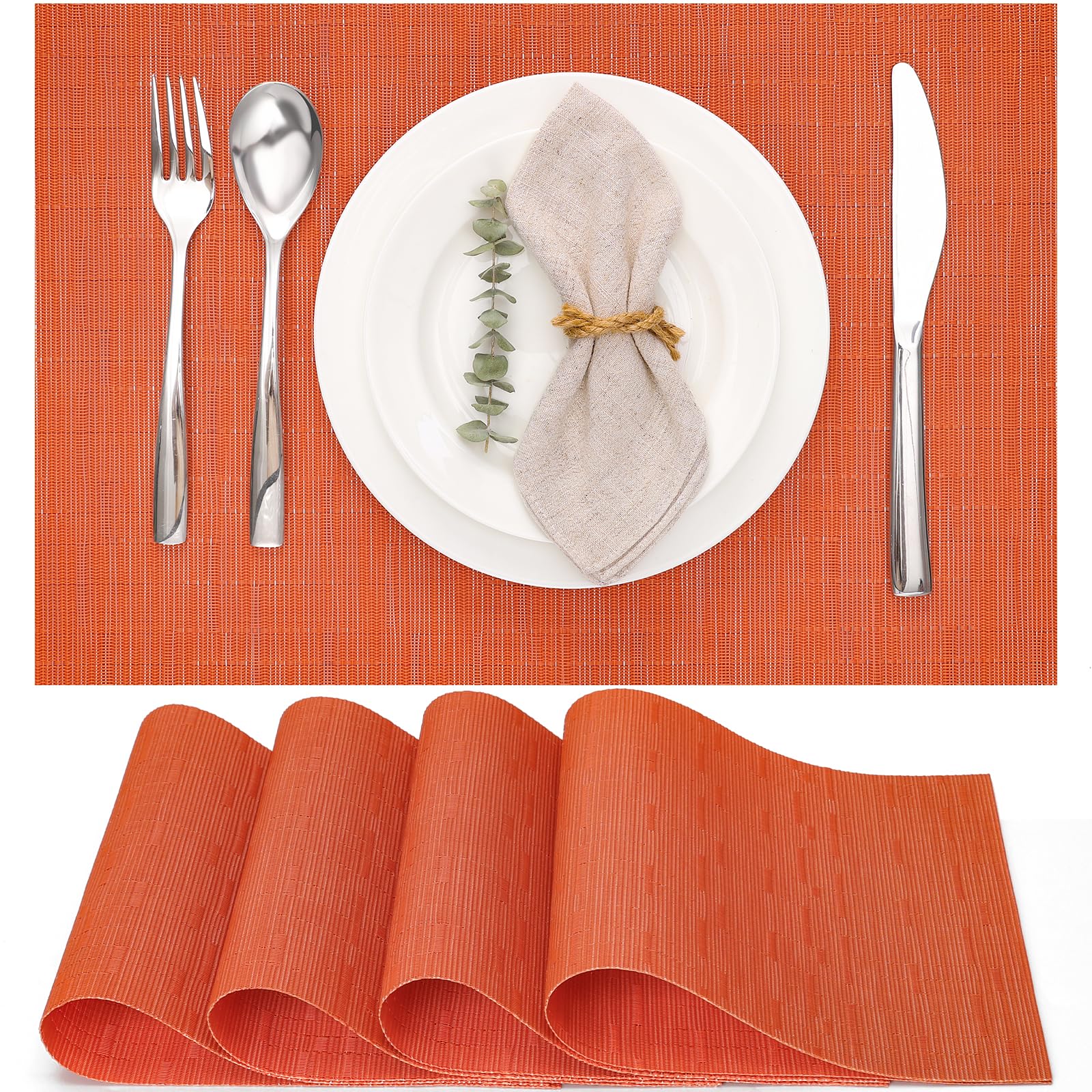 Myir JUN Table Mats Set of 4, Place Mats Table Placemats Washable Non-slip Heat Insulation Woven Vinyl for Kitchen Dinning Restaurant 17"X12" (Orange)