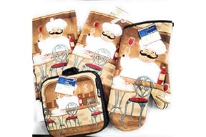 Collection Italian Chef Decor 5 Piece Printed Kitchen Linen Set Includes 2 Towels 2 Pot Holders 1 Oven Mitt