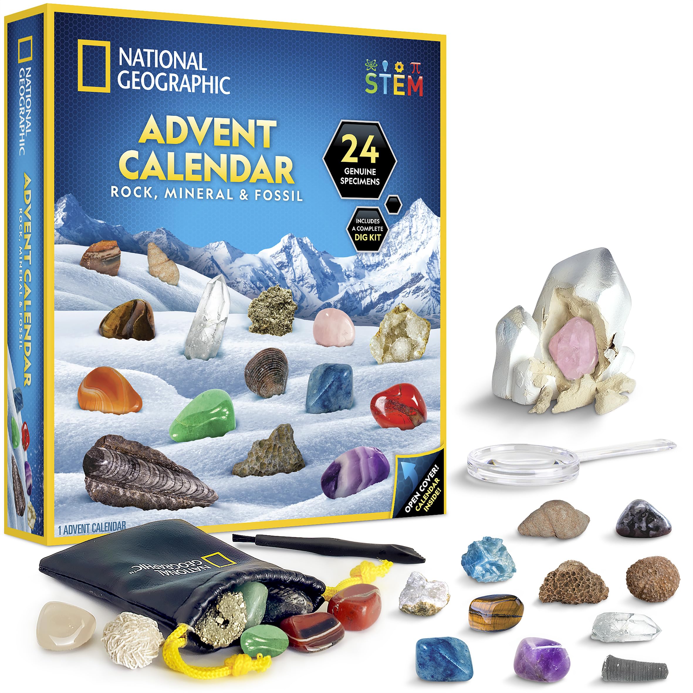 National Geographic Bandai Advent Calendar | Rock Mineral And Fossil Science Advent Calendar For Girls And Boys With 24 Real Specimens And A Complete Dig Kit | Excellent STEM For Kids