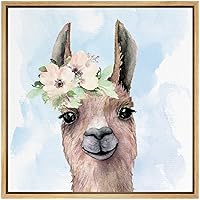 SIGNWIN Framed Canvas Wall Art Nursery Baby Llama with Pink, Yellow, White Flowers Animals Wildlife Watercolor Impressionism Modern Portrait Fun for Living Room, Bedroom, Office - 16