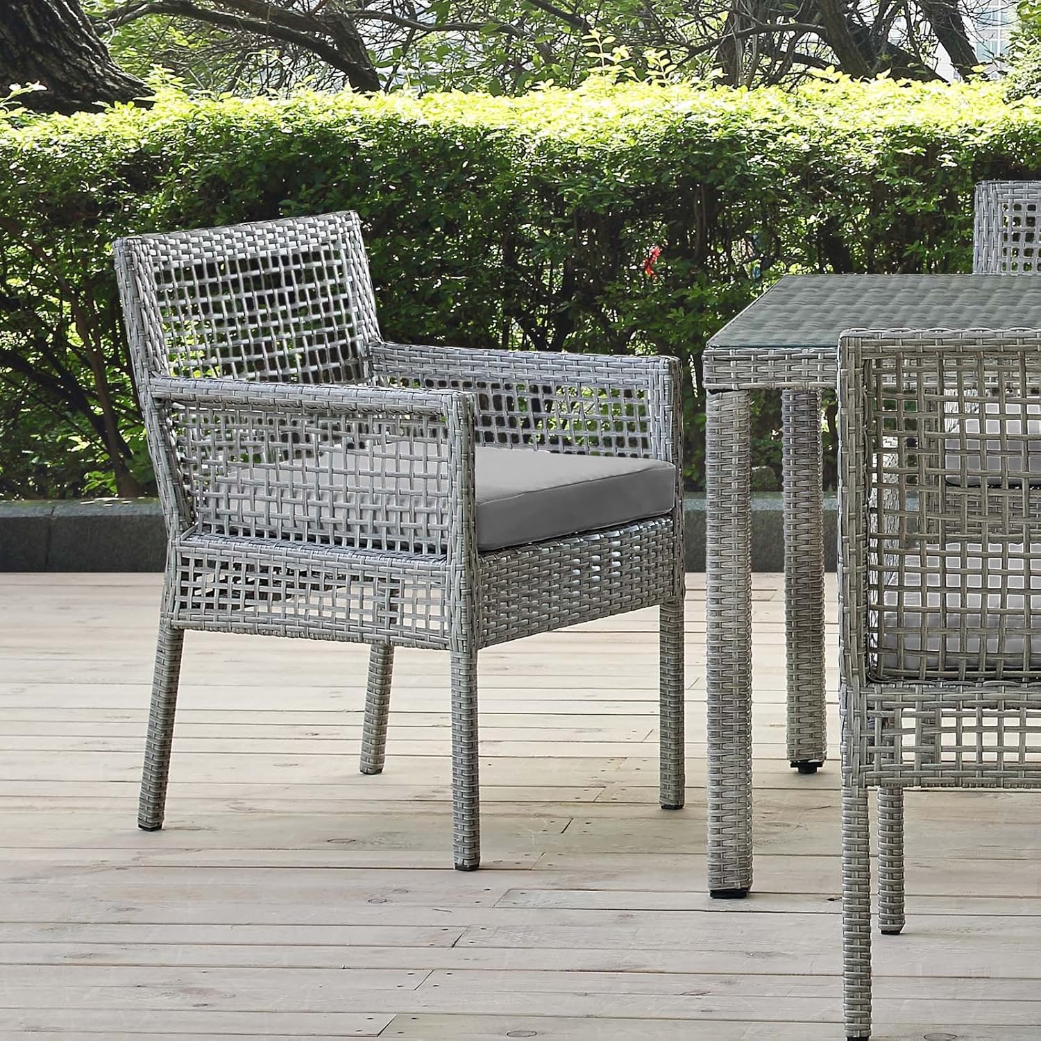 Modway Aura Wicker Rattan Outdoor Patio Dining Arm Chair with Cushion in Gray Gray : Garden & Outdoor