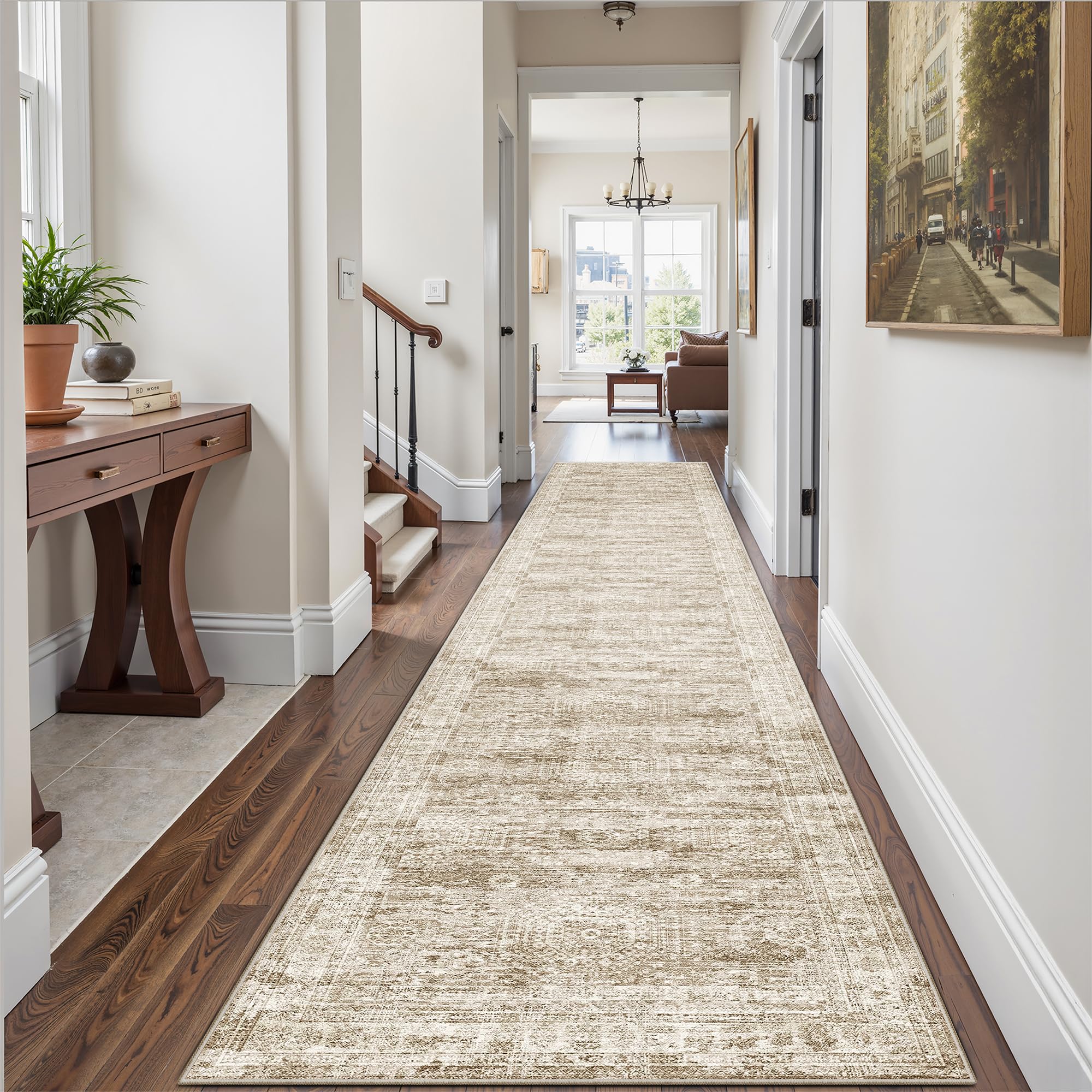 Photo 1 of Runner Rug 2'6" x 14' Washable Non-Slip Runner Rugs for Kitchen Bathroom Laundry Room Vintage Ultra Thin Runners for Hallway Entryway Brown