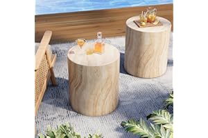 Royal Windsor Outdoor Side Table for Patio Set of 2, Faux Travertine Cylindrical, Stylish Beige Stone Design, Lightweight Durable Accent Table for Living Room, Garden, or Porch