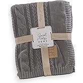 Knitted Cotton Blanket - Soft Cozy Knit Throw Blanket, Lightweight All - Season Cotton Blanket for Bed, Couch, or Living Room - Home Edition Print Feather Grey