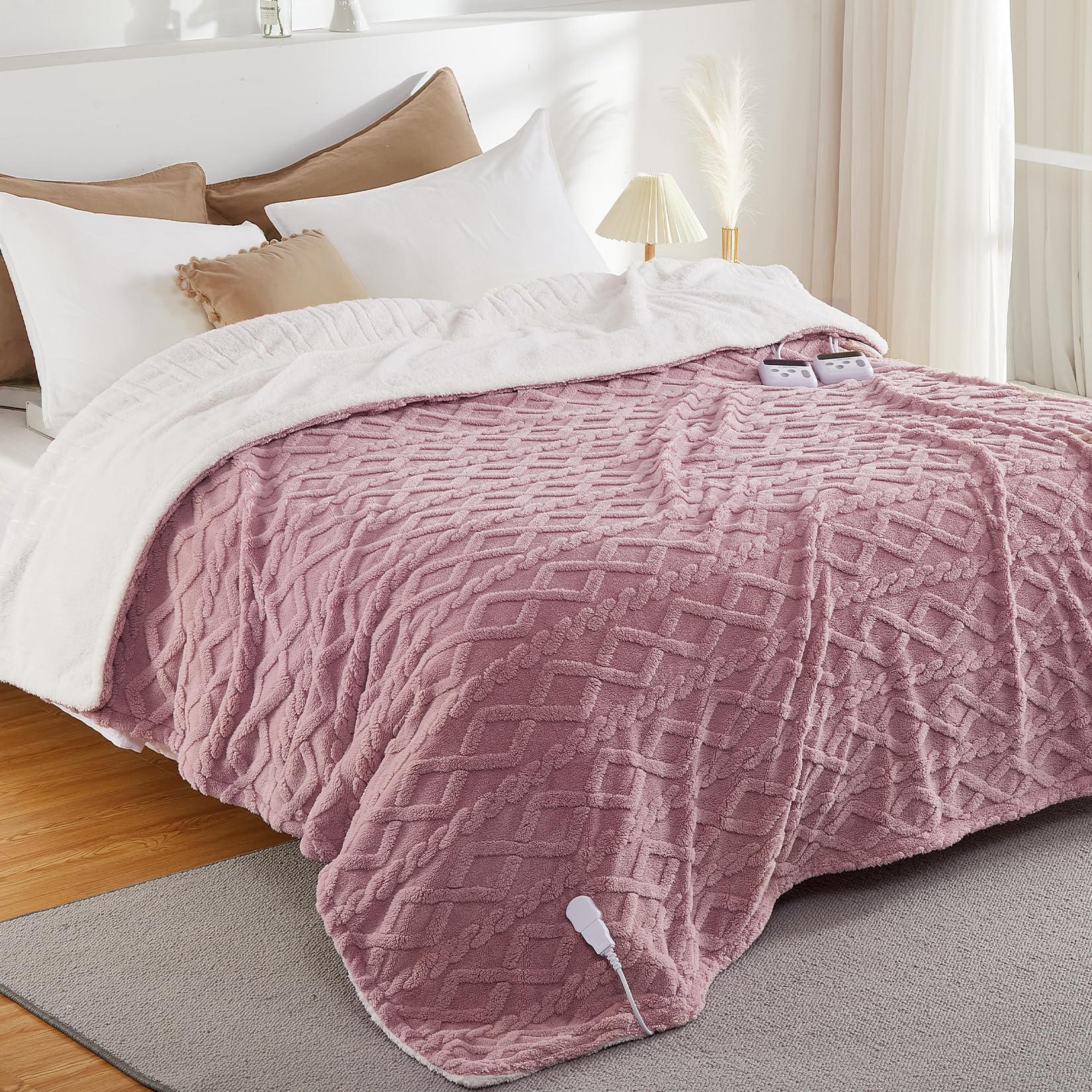 Photo 1 of CAROMIO Electric Blanket King Size Dual Control - Thick Tufted Sherpa Heated Blanket King with 10 Heating Levels and 10 Time Settings, ETL Certified Fast Heating Blanket King Size 90"×100", Dusty Pink