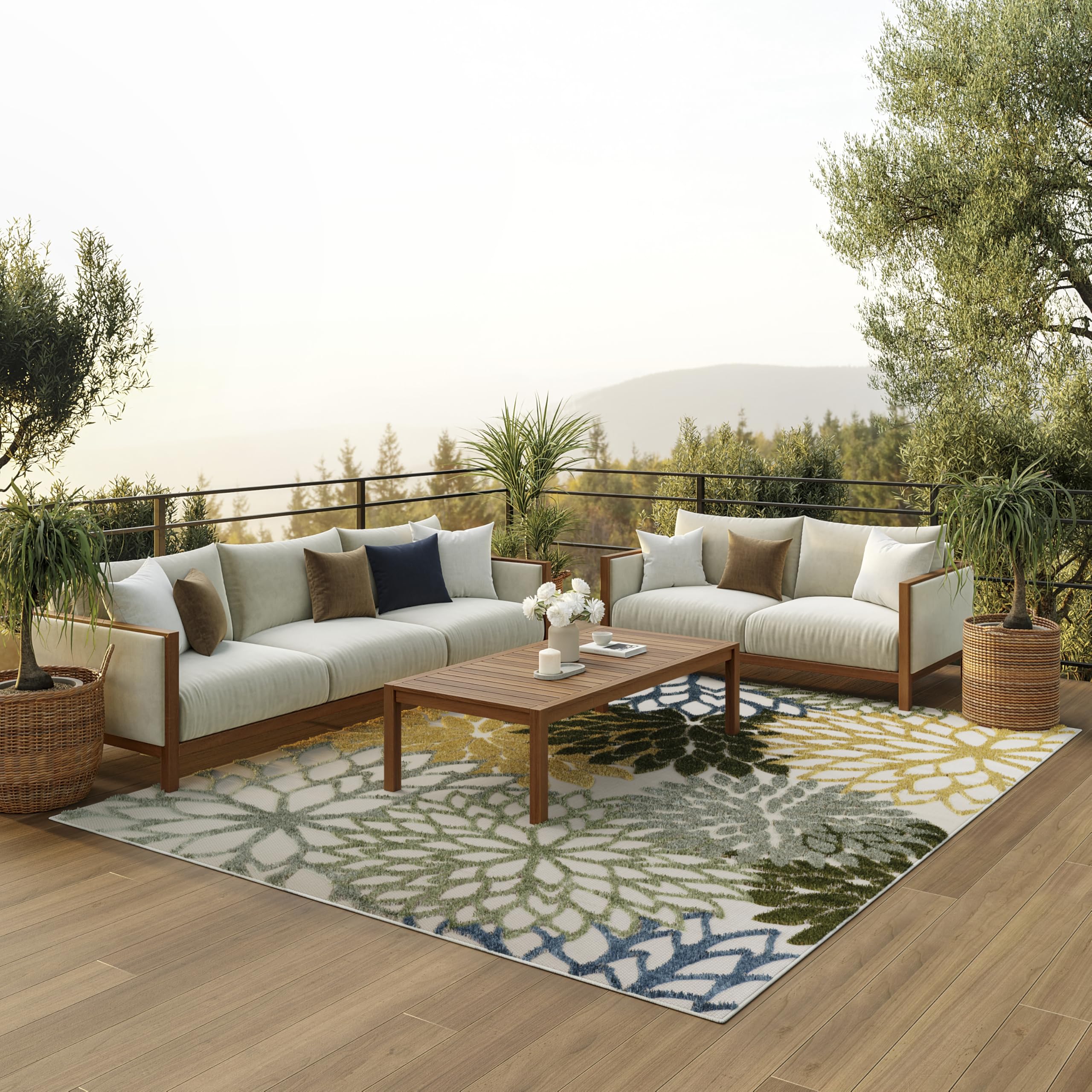 Nourison Home Aloha Indoor-Outdoor Green Multicolor 10' x 14' Area Rug, Easy Cleaning, Non Shedding, Bed Room, Living Room, Dining Room, Backyard, Patio, Deck (10x14) Image