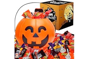 SUGARIDGE Halloween Candy Gift Basket - Trick or Treat Pre-Filled Pumpkin Bucket Assorted Individually Wrapped Chocolate Candies Variety for Kids and Adults - 20oz Care Package Gift for College Students & Parties - Taboom