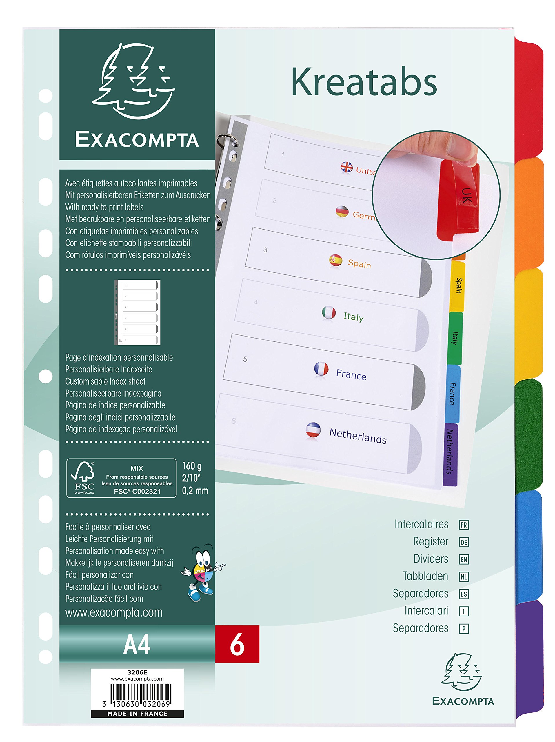 Exacompta - Ref 3206E - Document Dividers - Suitable for A4 Documents, 160gsm White Card, Plastic-Coated Multicoloured Tabs, Pre-Punched, FSC-Certified, 6 Sections