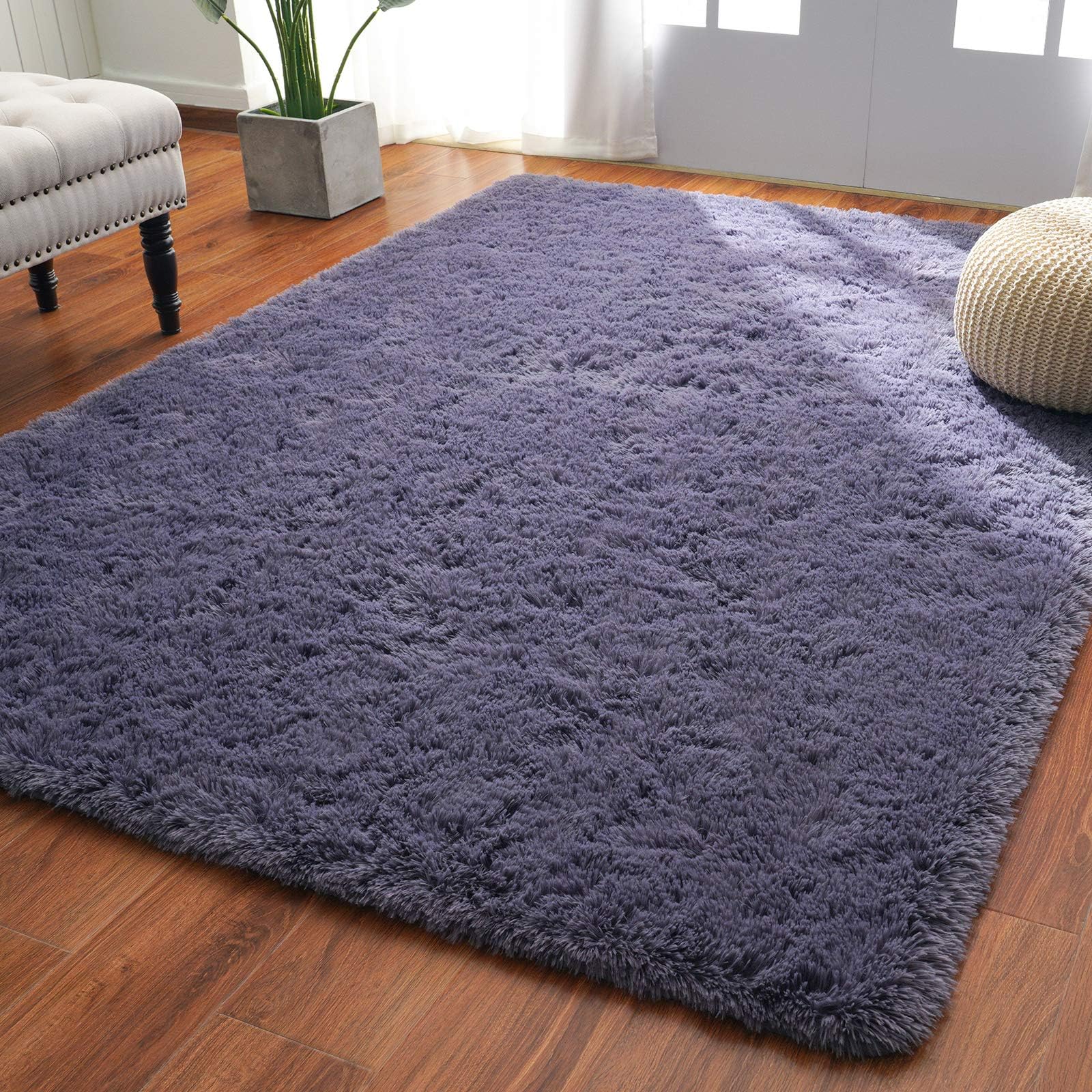 Softlife Ultra Soft Fluffy Area Rugs for Bedroom, Girls and Boys Room Kids Room Nursery Rug, 4 x 5.3 Feet Shaggy Fur Indoor Plush Modern Floor Carpet for Living Room, Grey Purple