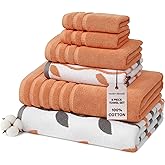 Modern Threads Organic Vines 6-Piece 100% Cotton Towel Set – Yarn Dyed Jacquard & Solid – Includes 2 Bath Towels, 2 Hand Towels, 2 Washcloths – Absorbent, Quick Dry, Soft & Durable – Orange