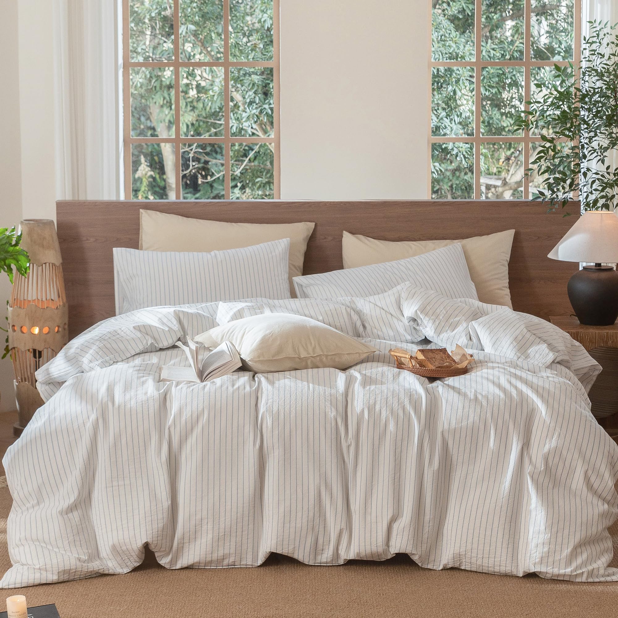 Photo 1 of MooMee Striped Duvet Cover Set 100% Washed Cotton Linen Like Textured Breathable Durable Soft Comfy (White Cornflower Blue Wide Stripes, Queen 90"x90")