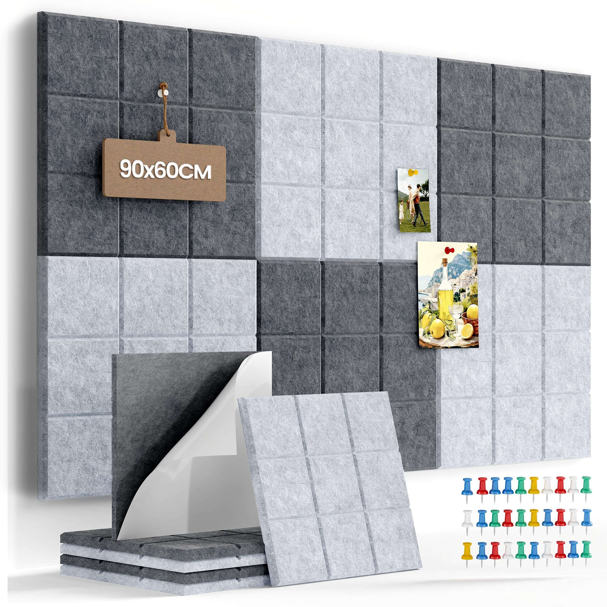 Uoisaiko Large 30x30cm Felt Board Tiles with 30 Pins, Pack of 6 Bulletin Board Notice Boards for Home Office Kitchen, Self Adhesive Pin Board Wall Tiles for Photos Memos