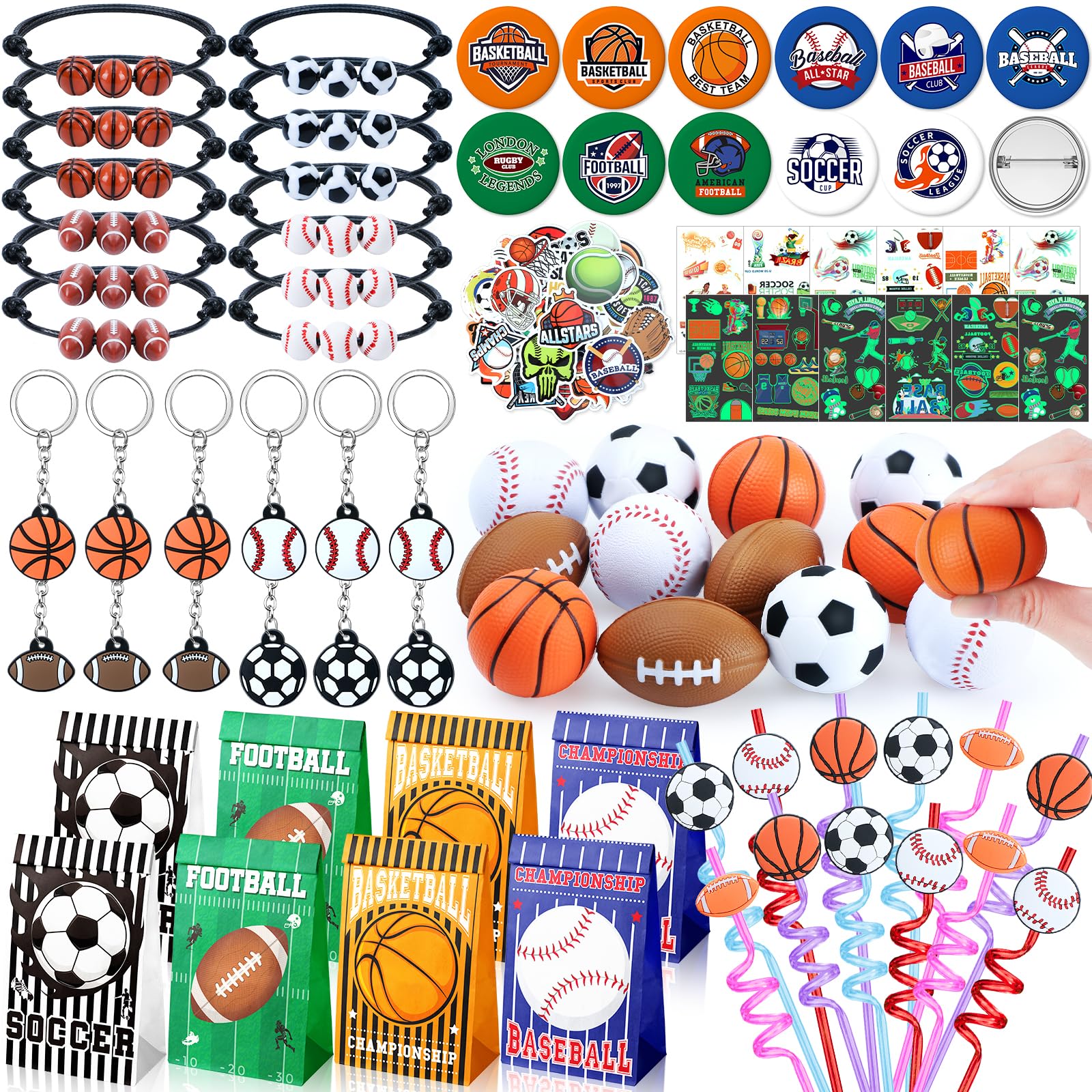 Photo 1 of 132PCS Sports Party Favors Set Baseball Soccer Basketball Football Birthday Supplies Straws Stress Ball Goodie Bags Stuffers Boys Kids Gift Prize Stickers Keychain Tattoo Badge Sports Party Supplies