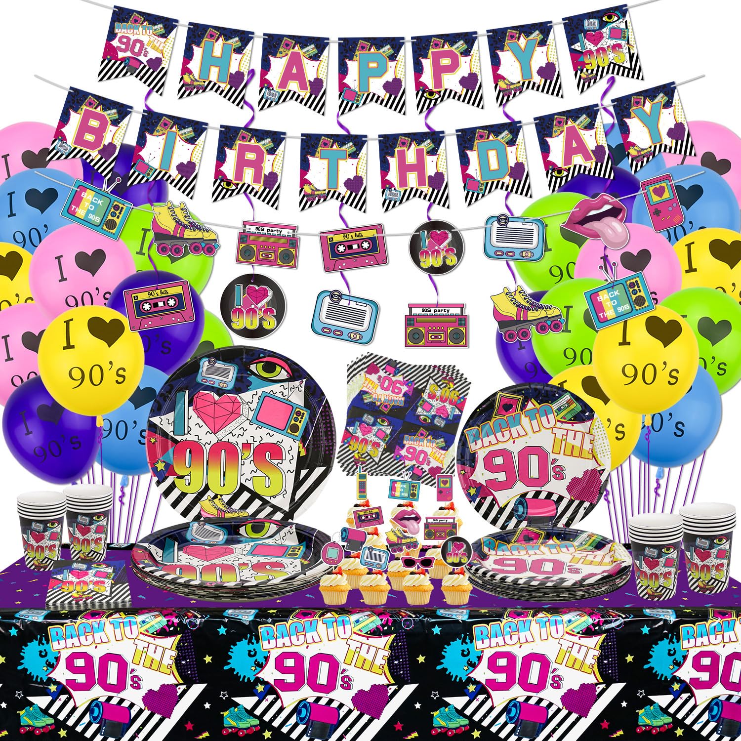 Hegbolke 90s Party Supplies - Back to the Decorations Set Including HAPPY BIRTHDAY Banner, Hanging Swirls, Element Bunting, Plates, Cups, Napkins, Tableware, Tablecloth, Balloons Serves 20 (B)