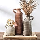 Ceramic Vases Set of 3, Neutral Rustic Farmhouse Vase with Handle, Decorative Flower Vases Home Decor Modern Boho Pampass Vase for Table Mantel Entryway Shelf Living Room Kitchen Bathroom - Brown
