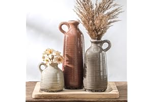 OOIT Ceramic Vases Set of 3, Neutral Rustic Farmhouse Vase with Handle, Decorative Flower Vases Home Decor Modern Boho Pampass Vase for Table Mantel Entryway Shelf Living Room Kitchen Bathroom - Brown