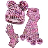 Kids Winter Hat Gloves Scarf Set, Girls Winter Hat Beanie with Pom Knit Warmer Christmas Gifts