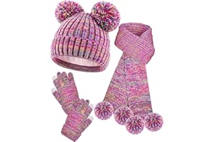 ASEKONC Kids Winter Hat Gloves Scarf Set, Girls Winter Hat Beanie with Pom Knit Warmer Christmas Gifts