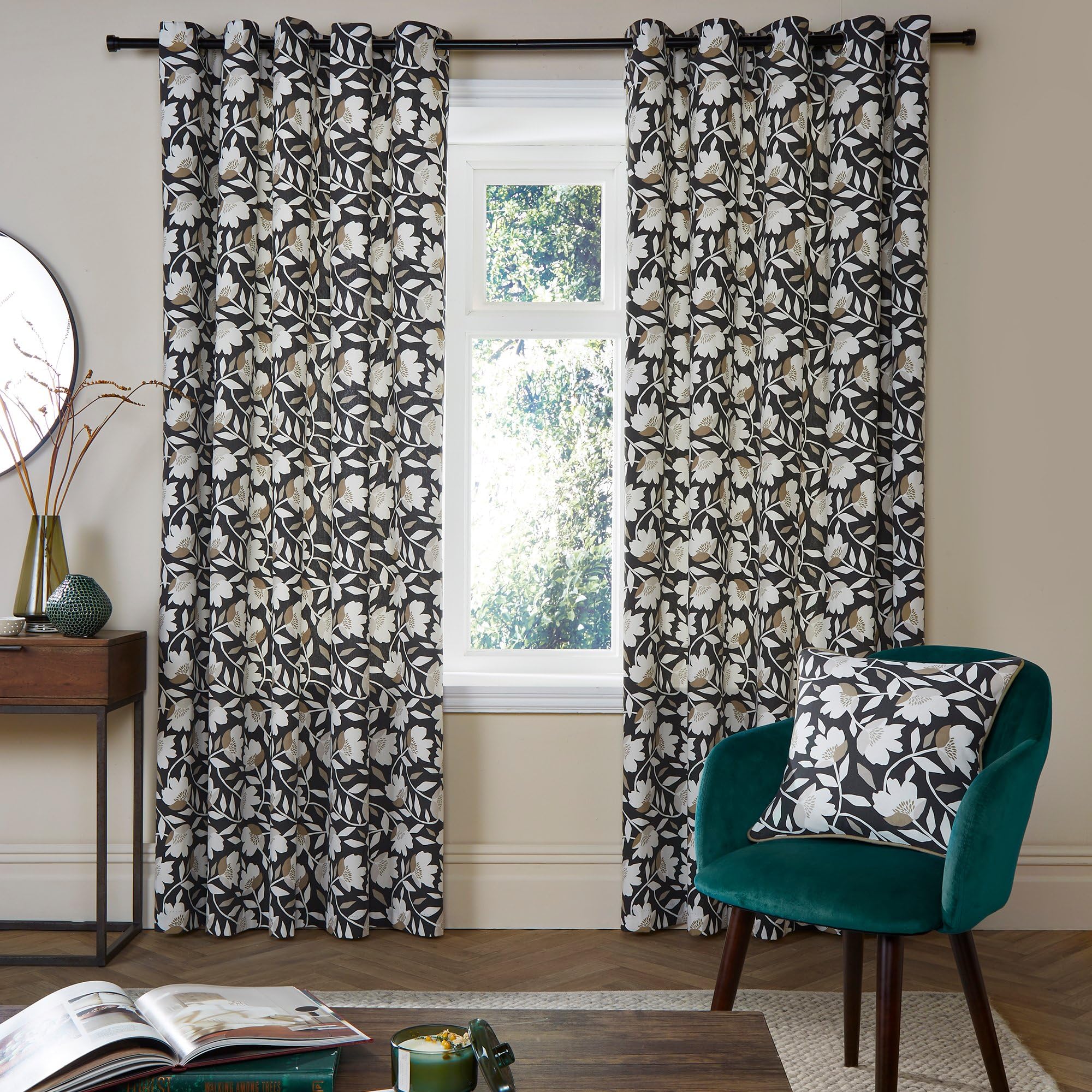 Fusion - Charcoal Black Floral Curtains W66 x L72" (168 x 183cm) - 2x Panels - 100% Cotton - Matching Cushion Available - Vintage Drapes - Flower Eyelet Curtains - Soundproof Curtains for Bedroom
