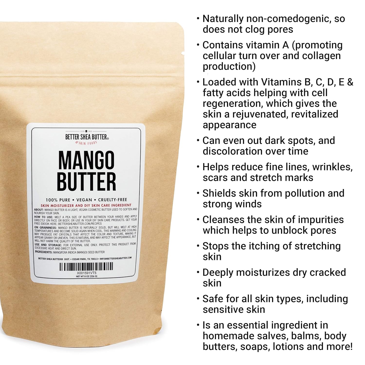 100% Pure Mango Butter - Can Substitute Shea Butter in Soap and Lotion Recipes - Moisturizing, Scent-free, Hexane-free - 8 oz by Better Shea Butter : Beauty