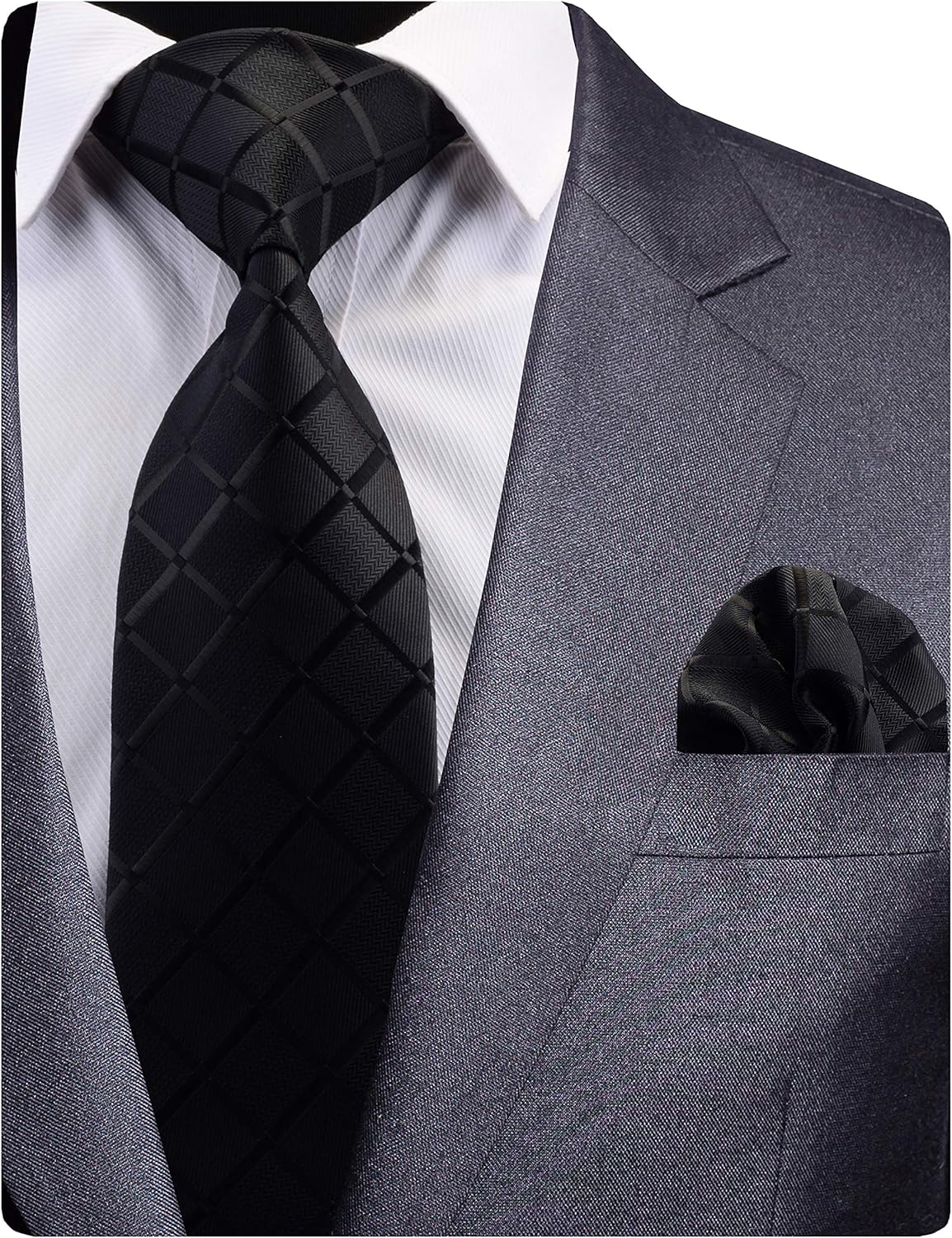 GUSLESON Mens Wedding Tie Silk Solid Plaid Black Necktie and Pocket