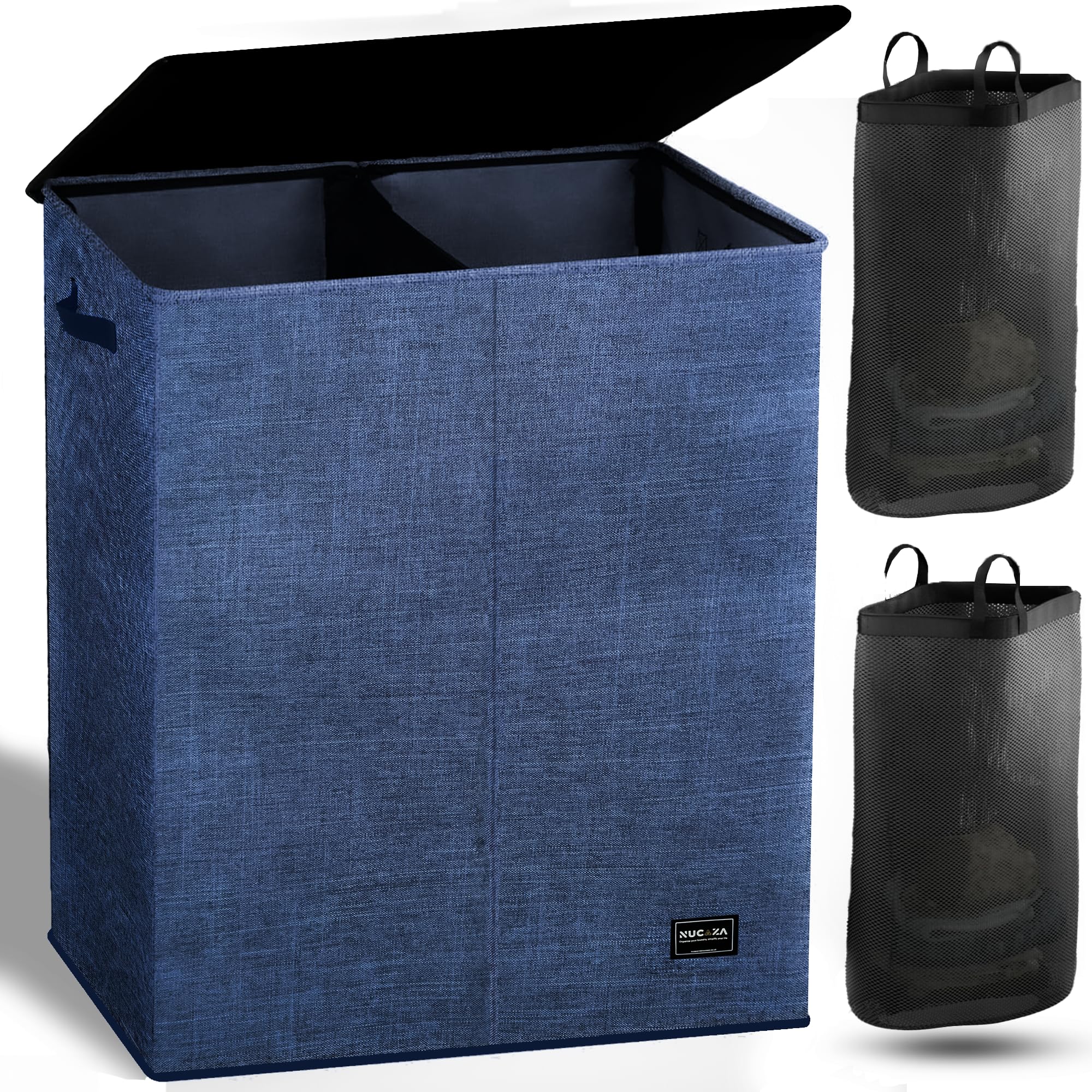 NUCAZA 145L Double Laundry Basket with Lid & Removable Laundry Bags, 2 Compartments Washing Basket for Light & Dark Clothes, Large Laundry Hamper, Collapsible Laundry Bin Storage Basket Blue