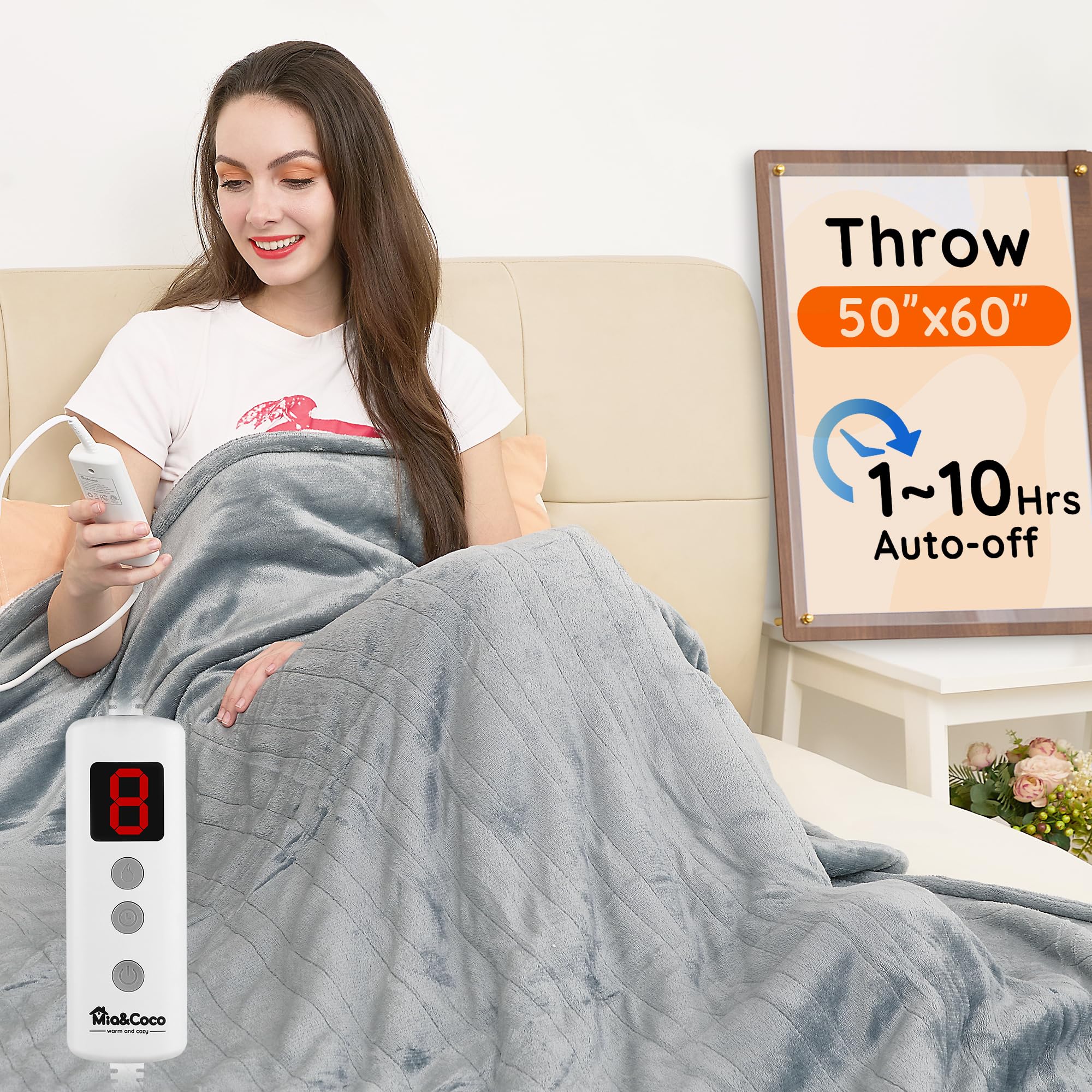 Photo 1 of ***FACTORY SEALED*** Mia&Coco Heated Throw Blanket - 50"x60" Flannel Electric Blanket, 6 Heat Levels, 10-Hour Auto-Off, Fast Heating, Overheat Protection, Machine Washable, Soft Heated Blanket for Home and Office (Gray)