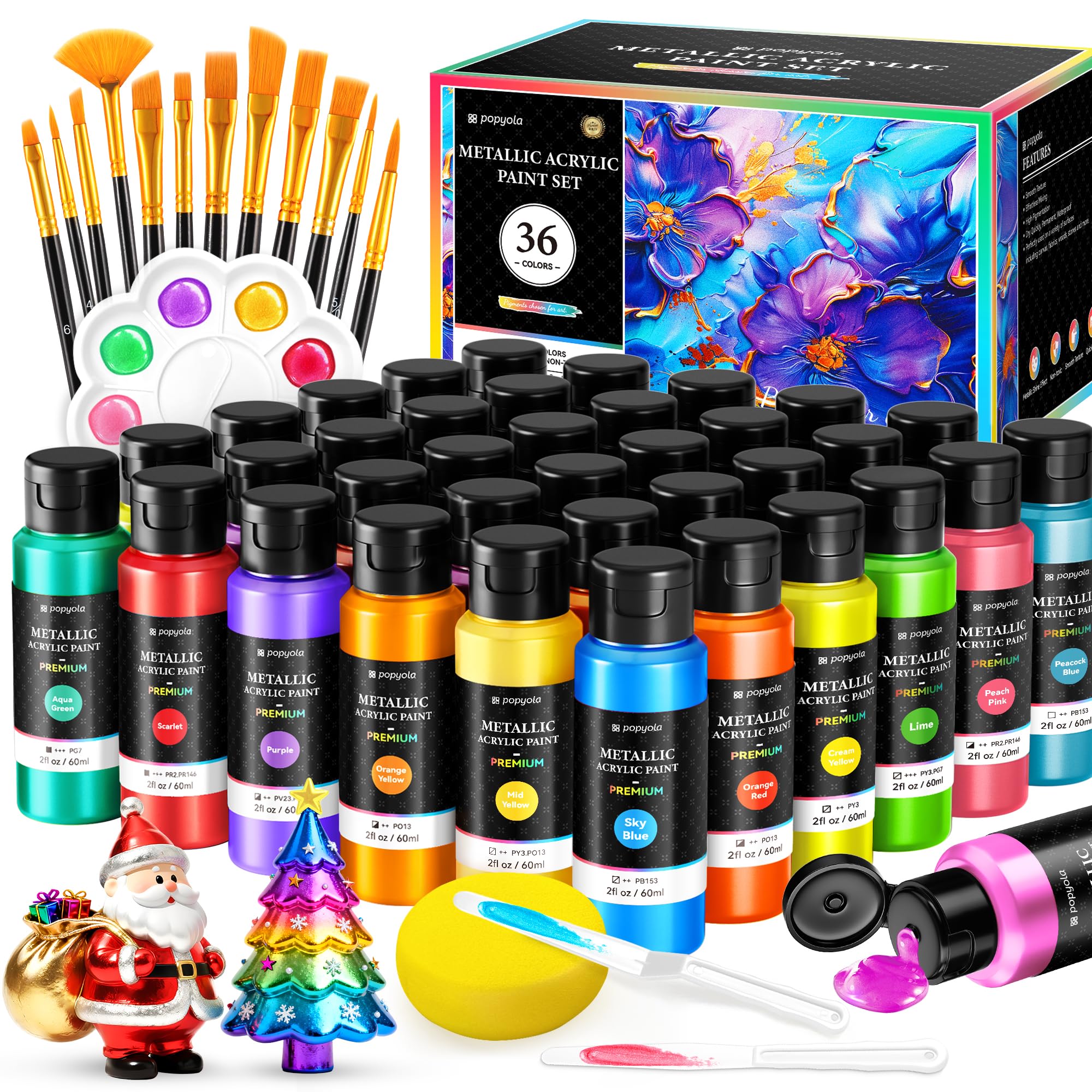 Photo 1 of 52 PCS Metallic Acrylic Paint Set with 12 Brushes, 2 Knives & Palette, 36 Colors (2oz/60ml) Art Craft Paint for Adults Kids Artists Beginners, Canvas Ceramic Rocks Wood Painting Kit Art Supplies
