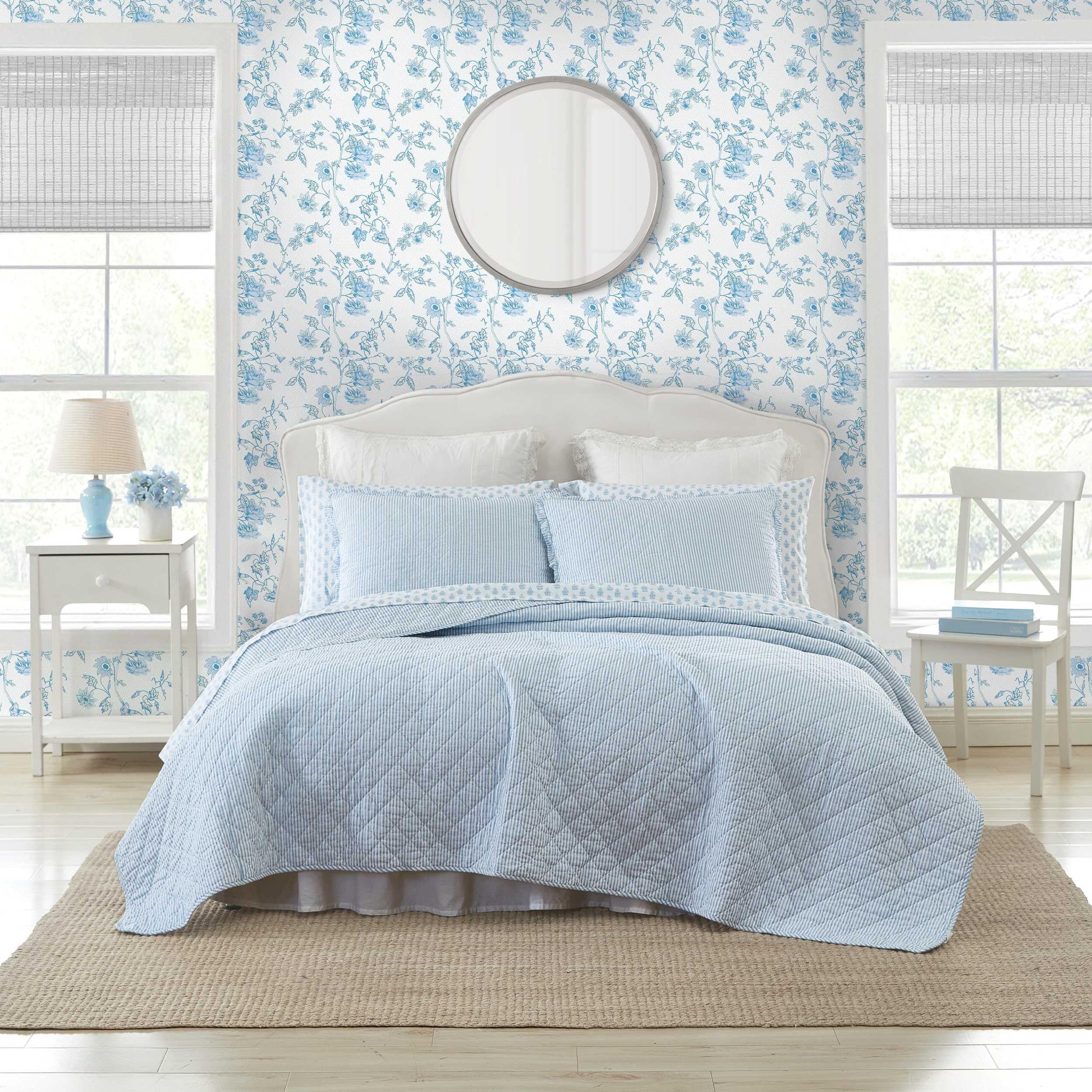 Photo 1 of Laura Ashley - Quilt Set, Super Soft Bedding with Matching Sham, Casual Home Decor (Oxford Stripe Blue, Full/Queen)
