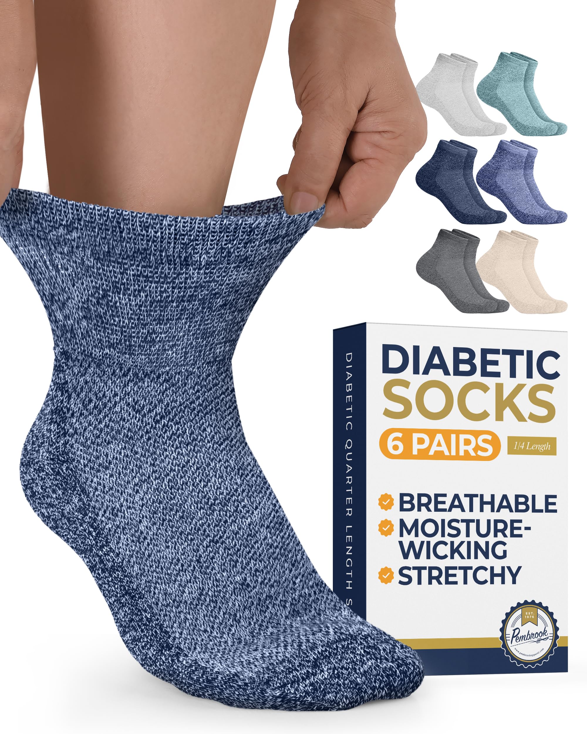 Pembrook Ankle Diabetic Socks for Women & Men | 6 Pairs | Wide Non Binding Socks Quarter Length | Edema Neuropathy Socks, Black, White, Beige, Aqua, Blue, Navy, Large