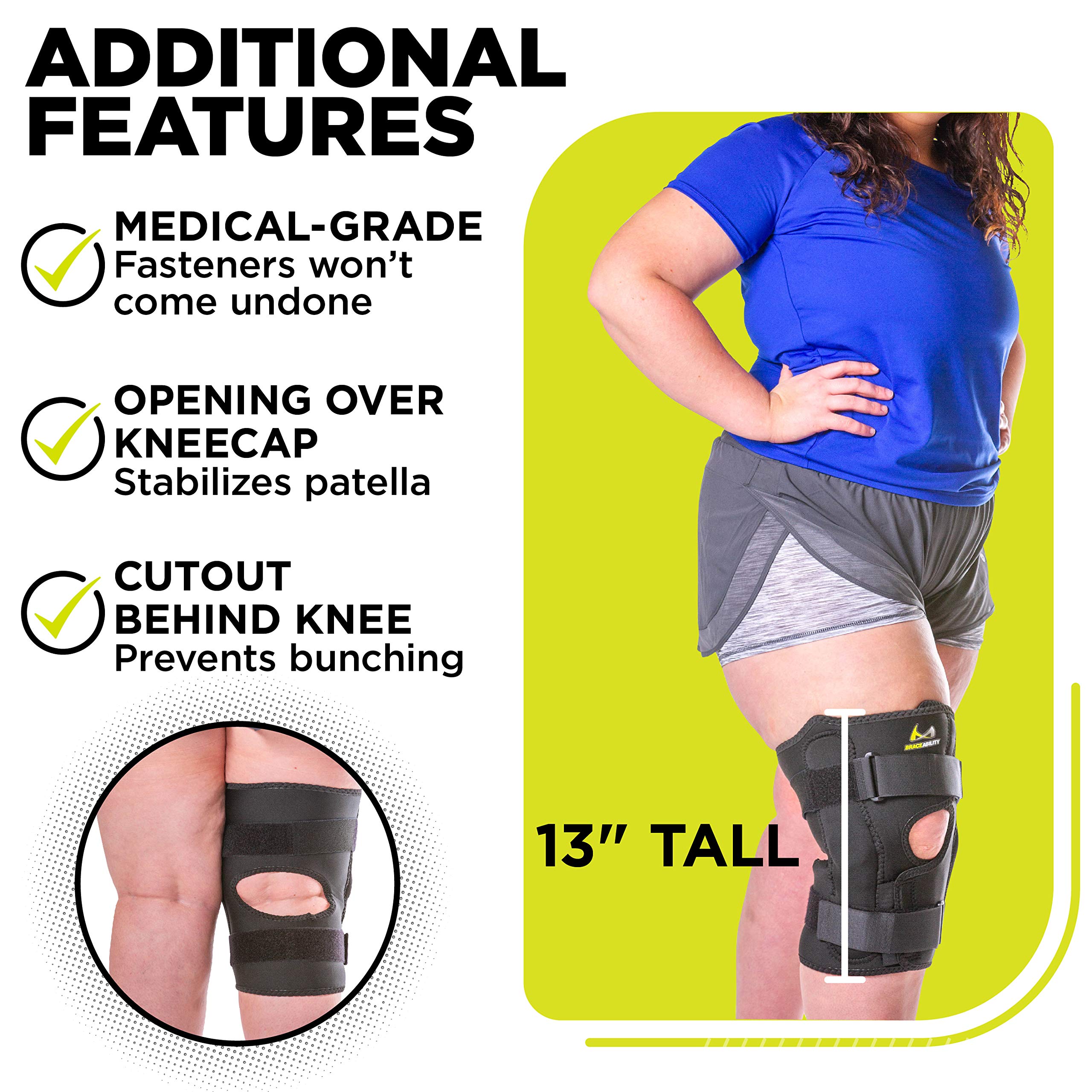 BraceAbility Obesity Hinged Knee Pain Brace - Overweight Men and Women's Wraparound Plus-Size Support for Osteoarthritis, Weak Joints, Medial and Lateral Kneecap Instability (Large)