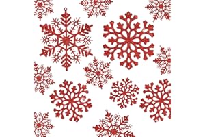 KRISDECOR 36pcs Christmas Snowflake Ornaments Plastic Glitter Snowflakes Ornaments for Xmas Tree Decorations, 4-inch, Red