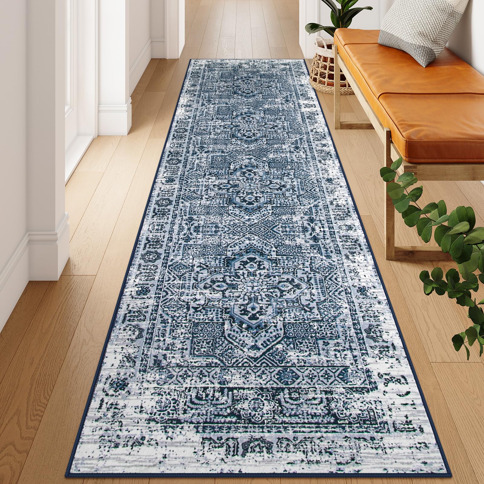 Photo 1 of Lahome Washable 2x8 Runner Rug with Rubber Backing, Vintage Soft Long Carpet Runner for Hallway Non-Slip, Blue Indoor Floor Runner Rugs for Bedroom Bedside Bathroom Kitchen Entryway RV