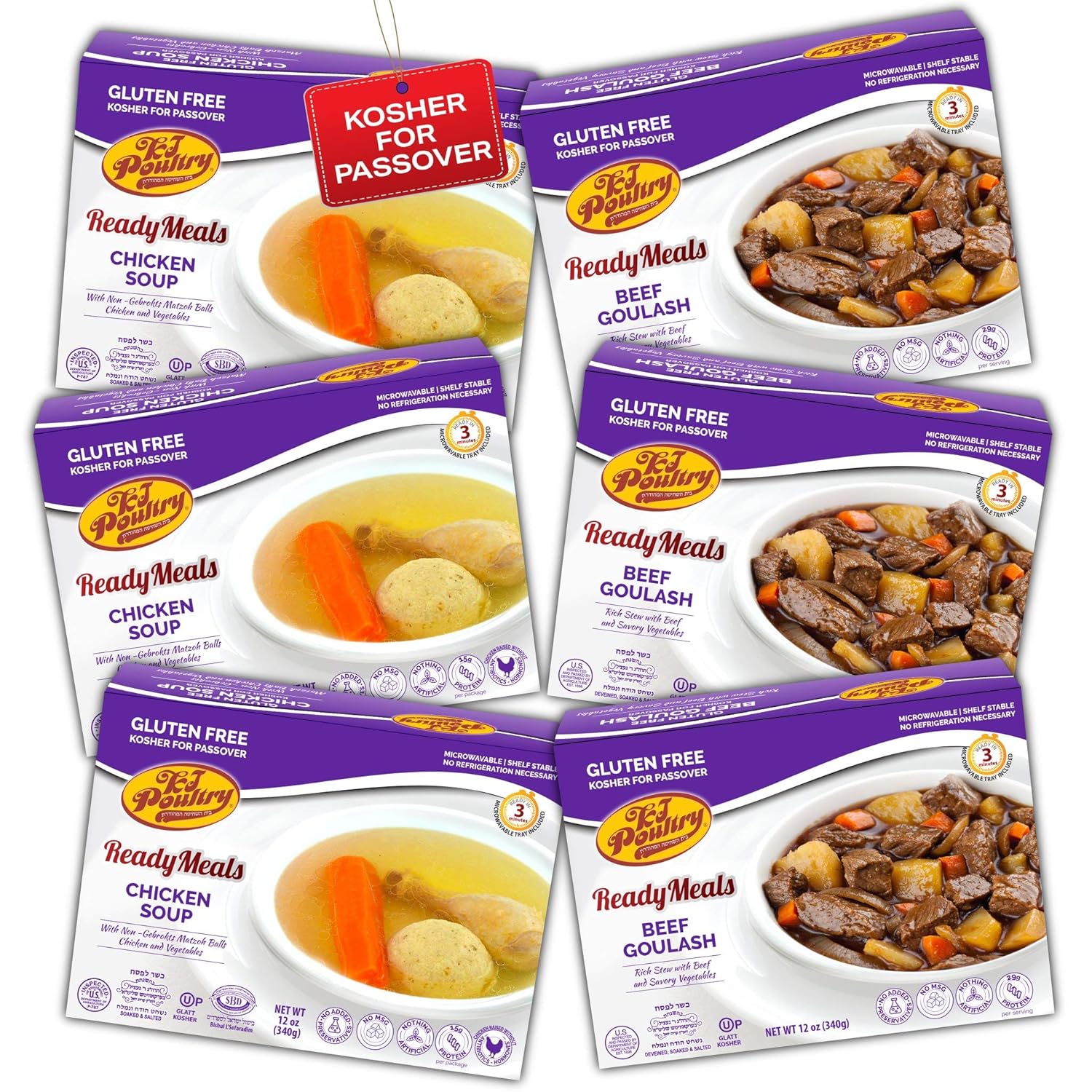 Kosher For Passover Food Matzo Ball Chicken Soup + Beef Goulash - MRE Meat Meals Ready to Eat - Gluten Free (6 Pack - Variety) - Prepared Entree Fully Cooked, Shelf Stable Microwave Dinner