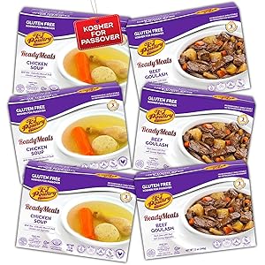 Kosher For Passover Food Matzo Ball Chicken Soup + Beef Goulash - MRE Meat Meals Ready to Eat - Gluten Free (6 Pack - Variety) - Prepared Entree Fully Cooked, Shelf Stable Microwave Dinner