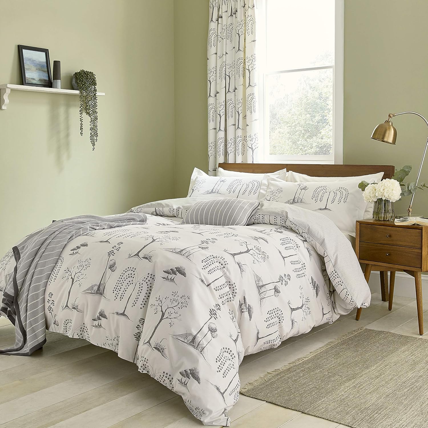 Sanderson Home Designer Bedding Willow Tree Grey 100 Cotton (Grey, Double Duvet Cover Set
