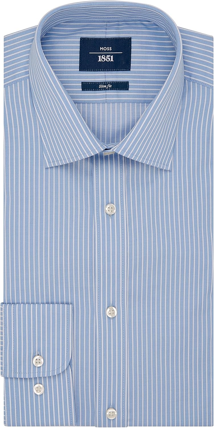 Moss 1851 Men's Slim Fit Blue Single Cuff Twill Stripe Shirt 15½ at