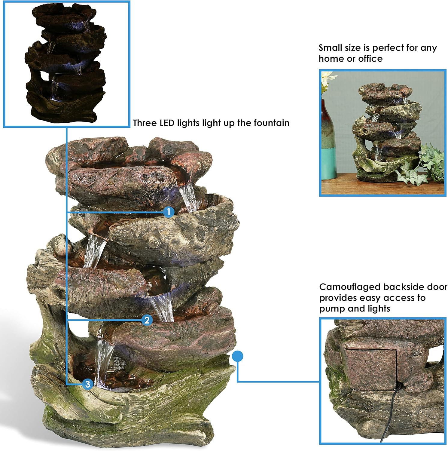 Sunnydaze Tabletop Fountain with LED Lights - 5-Step Rock Falls Indoor Waterfall Feature - Calming and Relaxing Water Sound - Small 14 Inch Desktop Size: Kitchen & Dining