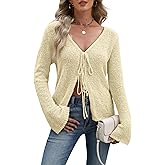 Women Tie Front Cardigan Sweaters Bell Long Sleeve V Neck Knit Bow Sweater Lightweight Y2k Cute Fall Cardigan